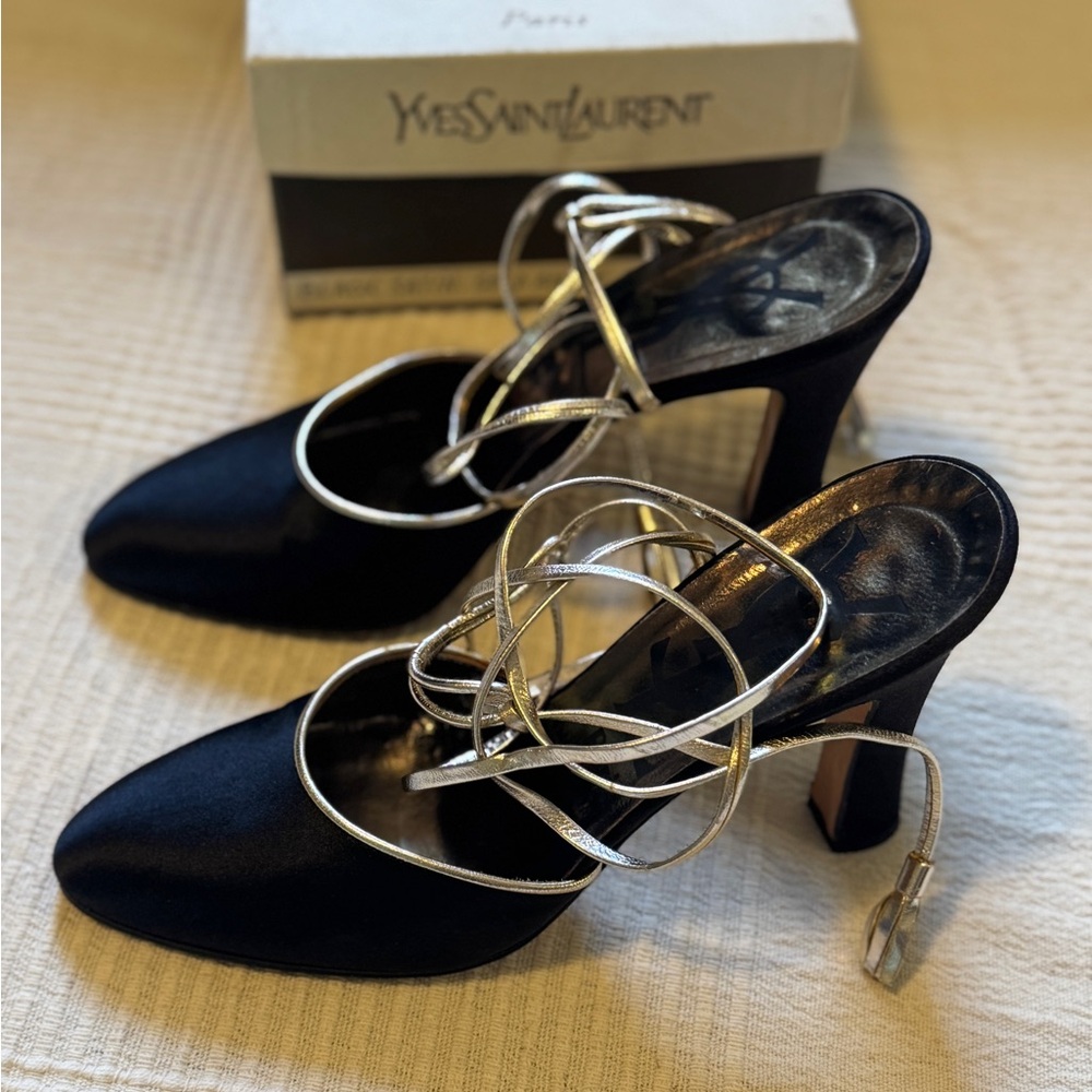 Vintage YSL Yves Saint Laurent Black Satin Wrap Heel - Size 7N - Picture 2 of 11